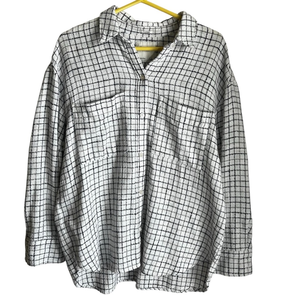 Abercrombie & Fitch White Black Windowpane Button-Up Oversized Shirt Size Large